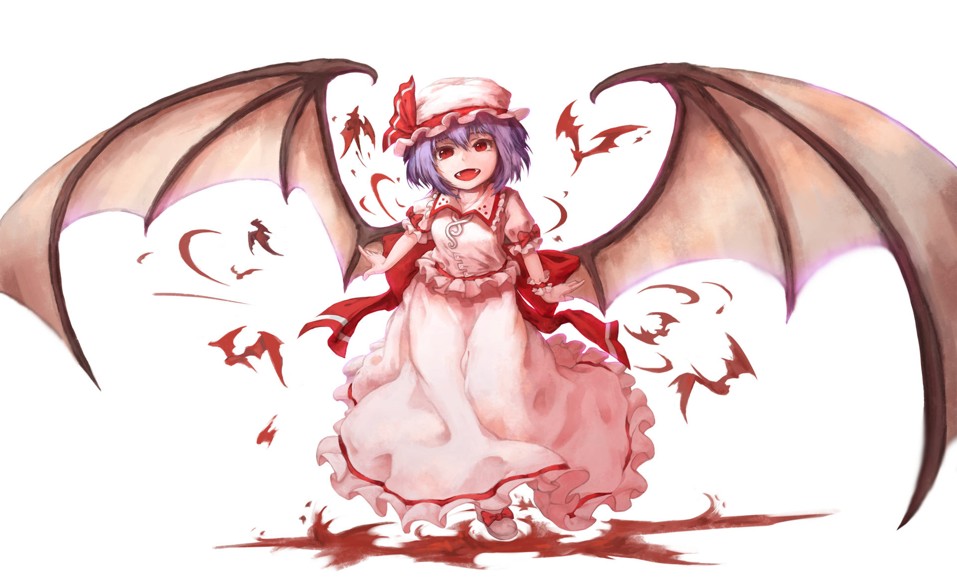 Remilia Scarlet (Touhou) in anime style, standing with outstretched bat wings and a frilly red-and-white dress, tiny bats swirling around her — HD PC desktop wallpaper/background.