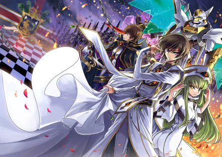 HD anime desktop wallpaper of Code Geass: Lelouch in a white military coat front and center, C.C. and Suzaku beside him, Knightmare mecha, colorful petals and dynamic lights.