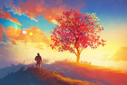 HD fantasy desktop wallpaper depicting a lone figure walking towards a vibrant, multicolored tree on a hill under a colorful sky, blending artistic elements of sunset and clouds.