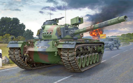HD desktop wallpaper featuring an M48 Patton military tank advancing on a road with a dramatic sky and armored vehicles in the background.
