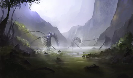 HD PC desktop wallpaper/background: a fantasy river valley where chained, spiderlike creatures rise from mist, their massive linked chains spanning between shadowed cliffs.