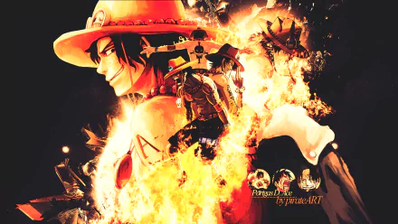 HD PC wallpaper featuring Portgas D. Ace from the anime One Piece, surrounded by flames and dynamic fiery effects.