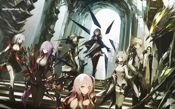 HD fantasy wallpaper featuring anime characters with animal ears and weapons. Characters have red, purple, and white hair, dressed in various outfits, with a backdrop of ruins. Tag: Pixiv Fantasia T.