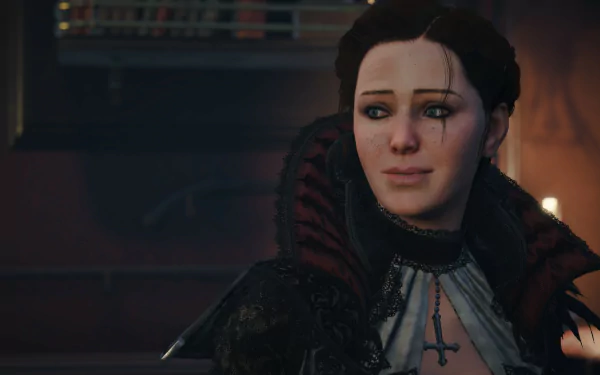 HD PC desktop wallpaper featuring Evie Frye from the video game Assassin's Creed: Syndicate, showing her in detailed costume with a calm expression.