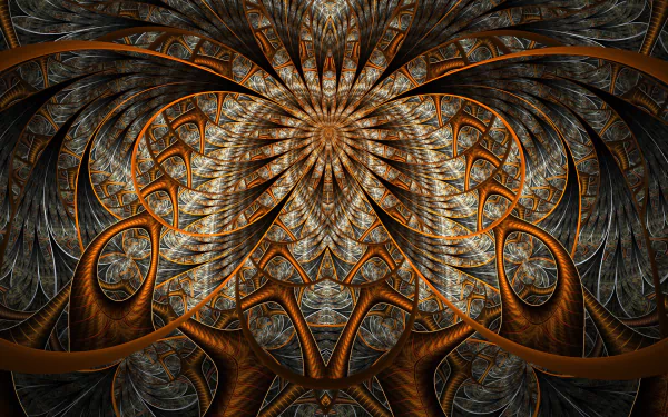 HD desktop wallpaper featuring a psychedelic, trippy abstract fractal with bronze and gray hues forming a heart in the center.