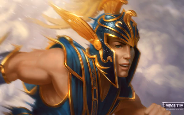 4K Ultra HD PC desktop wallpaper featuring Mercury from Smite, showcasing the character in dynamic motion with detailed armor and a radiant sky background.