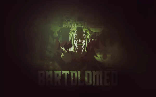 HD PC desktop wallpaper featuring Bartolomeo from the anime One Piece, showcasing a dark, intense atmosphere with vibrant green and yellow highlights.