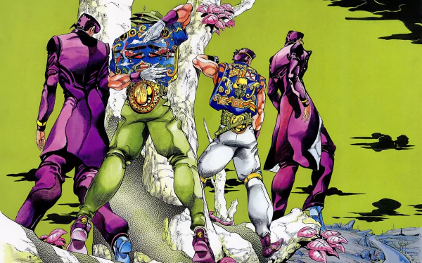 HD PC desktop wallpaper of the anime JoJo's Bizarre Adventure: Joseph Joestar, Jotaro Kujo, Jonathan Joestar and Josuke Higashikata in stylized poses on a vivid lime-green background.