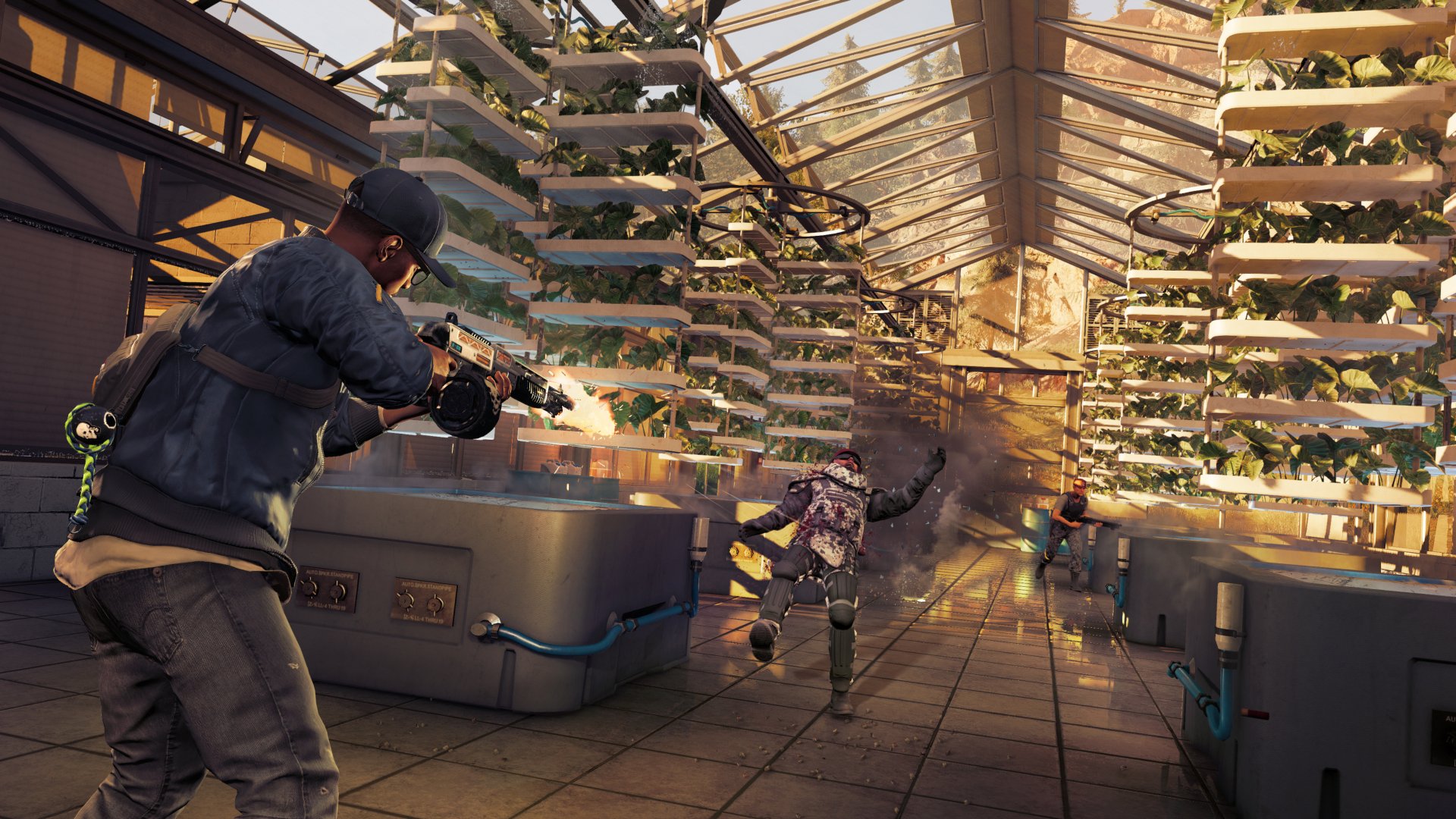 A HD desktop wallpaper and background featuring an action-packed scene from the video game Watch Dogs 2, with characters engaging in a shootout in a high-tech greenhouse.