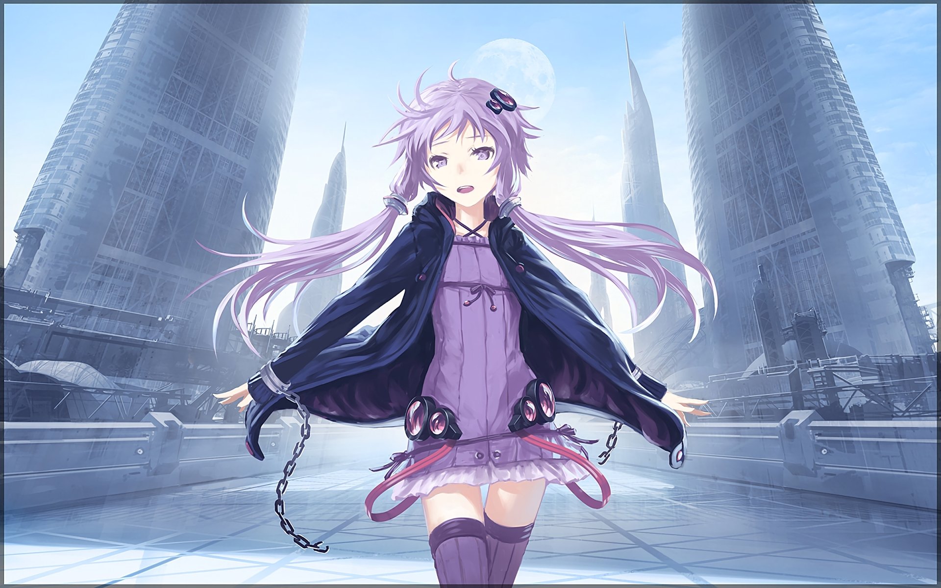 HD desktop wallpaper of Yuzuki Yukari, an anime Vocaloid character, standing in a futuristic urban setting with tall buildings and a large moon in the background.