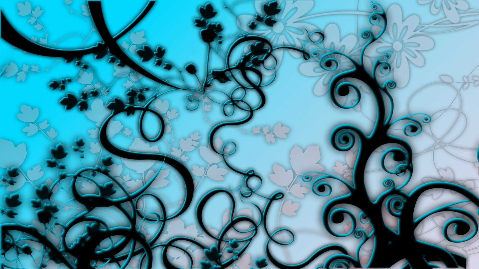 Abstract blue fractal flower design with swirling black vines and floral motifs — HD PC desktop wallpaper/background.