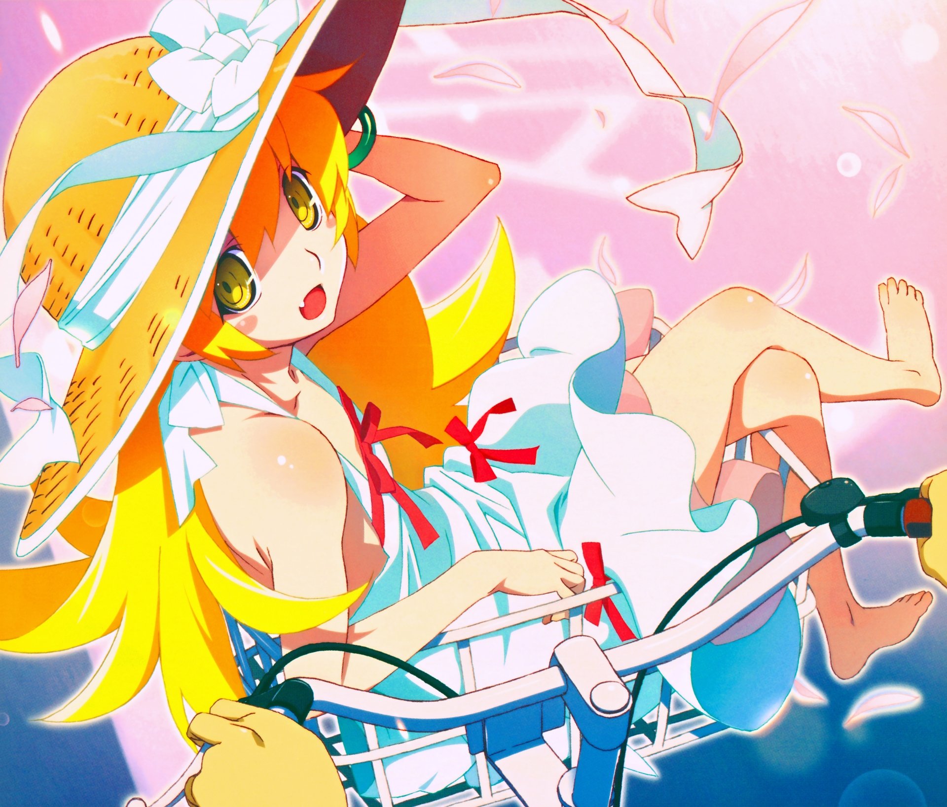 Bright anime image of a Monogatari series character in a straw hat and white dress lounging on a bicycle amid pink butterflies — 8K Ultra HD PC desktop wallpaper.