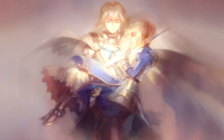 HD desktop wallpaper of an emotional scene from Fate/Stay Night anime, featuring two characters with a soft, ethereal glow, creating an intense and touching atmosphere.