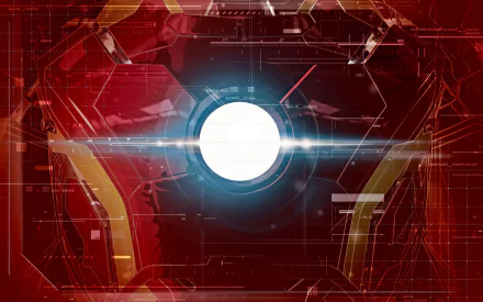 Avengers-themed HD desktop wallpaper featuring Iron Man's technology with a glowing arc reactor at the center, set against a red and gold comic-style background.