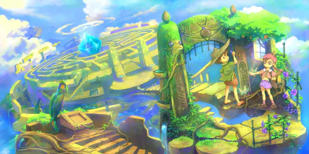 Anime-style 4K Ultra HD desktop wallpaper featuring a vibrant landscape with a crystal, a maze, and children exploring an original fantasy world.