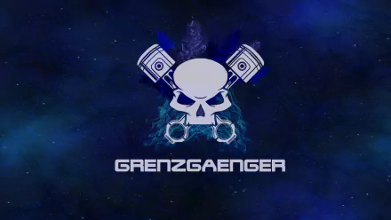 HD PC desktop wallpaper featuring a blue-themed Grenzgaenger motorcycle club logo with a skull and pistons on a dark background.