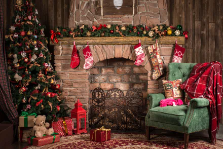 HD wallpaper showing a cozy living room decorated for Christmas with a festively adorned tree, stockings hanging on a stone fireplace, holiday ornaments, and wrapped gifts.