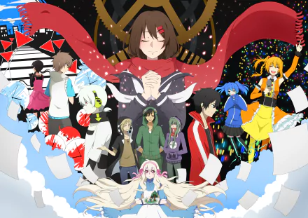 Anime Kagerou Project 4K Ultra HD PC desktop background: central red-scarfed figure with clasped hands, surrounded by colorful characters, floating papers and celestial gears.