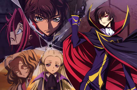 4K Ultra HD desktop wallpaper featuring key Code Geass anime characters: Lelouch Lamperouge, Suzaku Kururugi, Kallen Kōzuki, Nunnally Lamperouge, and V.V.