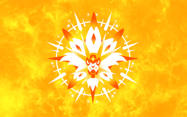 HD desktop wallpaper featuring Solgaleo from Pokémon: Sun and Moon, set against a vibrant yellow and orange background.