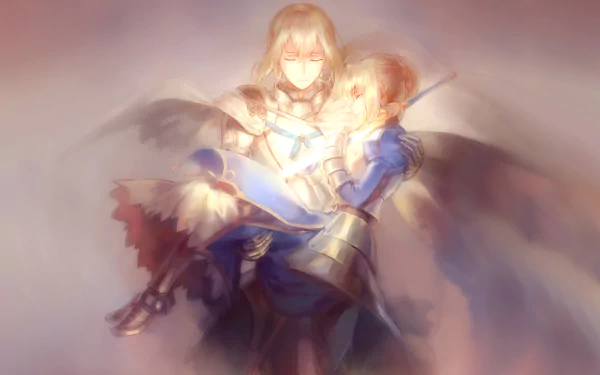 HD desktop wallpaper of an emotional scene from Fate/Stay Night anime, featuring two characters with a soft, ethereal glow, creating an intense and touching atmosphere.