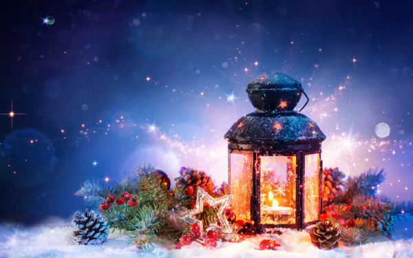 A glowing lantern surrounded by pine cones, red berries, and star-shaped decor resting on snow, set against a sparkling, festive holiday Christmas background in 4K Ultra HD.