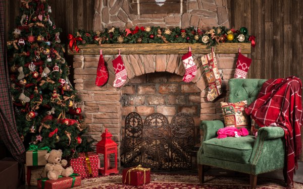Holiday Christmas Christmas Tree Living Room Fireplace Stocking Christmas Ornaments HD Wallpaper | Background Image