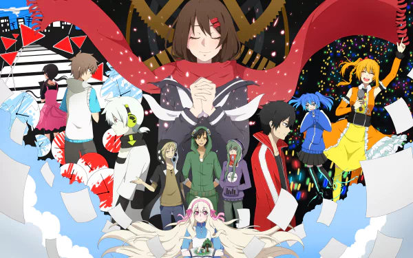 Anime Kagerou Project 4K Ultra HD PC desktop background: central red-scarfed figure with clasped hands, surrounded by colorful characters, floating papers and celestial gears.