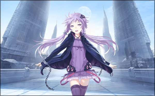 HD desktop wallpaper of Yuzuki Yukari, an anime Vocaloid character, standing in a futuristic urban setting with tall buildings and a large moon in the background.
