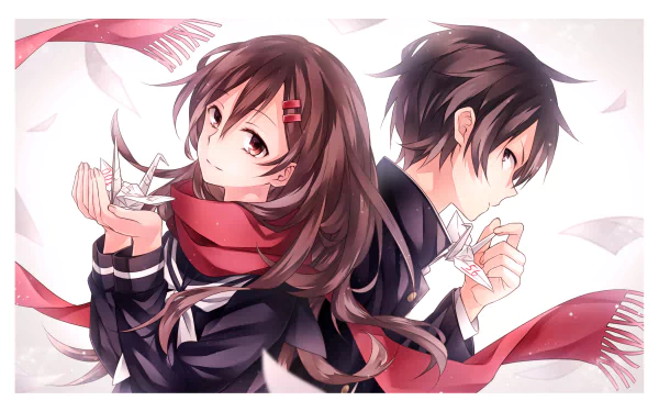 HD wallpaper featuring Ayano Tateyama and Shintaro Kisaragi from the anime Kagerou Project. Both characters are depicted with paper cranes and red scarves, set against a softly lit background.