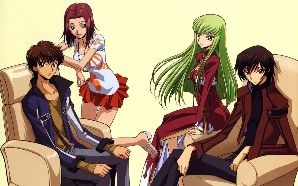 Code Geass anime 5K Ultra HD PC wallpaper showing Suzaku Kururugi, Lelouch Lamperouge, Kallen Kōzuki and C.C. seated together against a pale background.