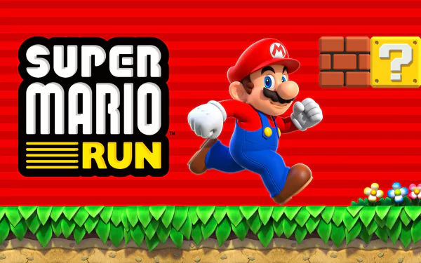 HD desktop wallpaper of Super Mario Run featuring Mario in mid-run with the game logo and iconic question block in the background.