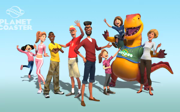 HD desktop wallpaper featuring animated characters from Planet Coaster with a joyous crowd and a mascot dinosaur.