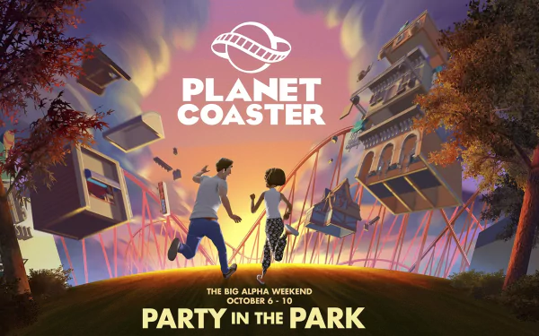 HD desktop wallpaper of Planet Coaster game featuring 'Party in the Park' event, with excited attendees and rollercoaster backdrop.