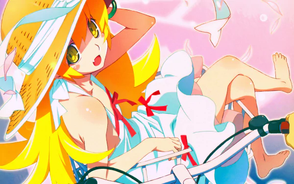 Bright anime image of a Monogatari series character in a straw hat and white dress lounging on a bicycle amid pink butterflies — 8K Ultra HD PC desktop wallpaper.