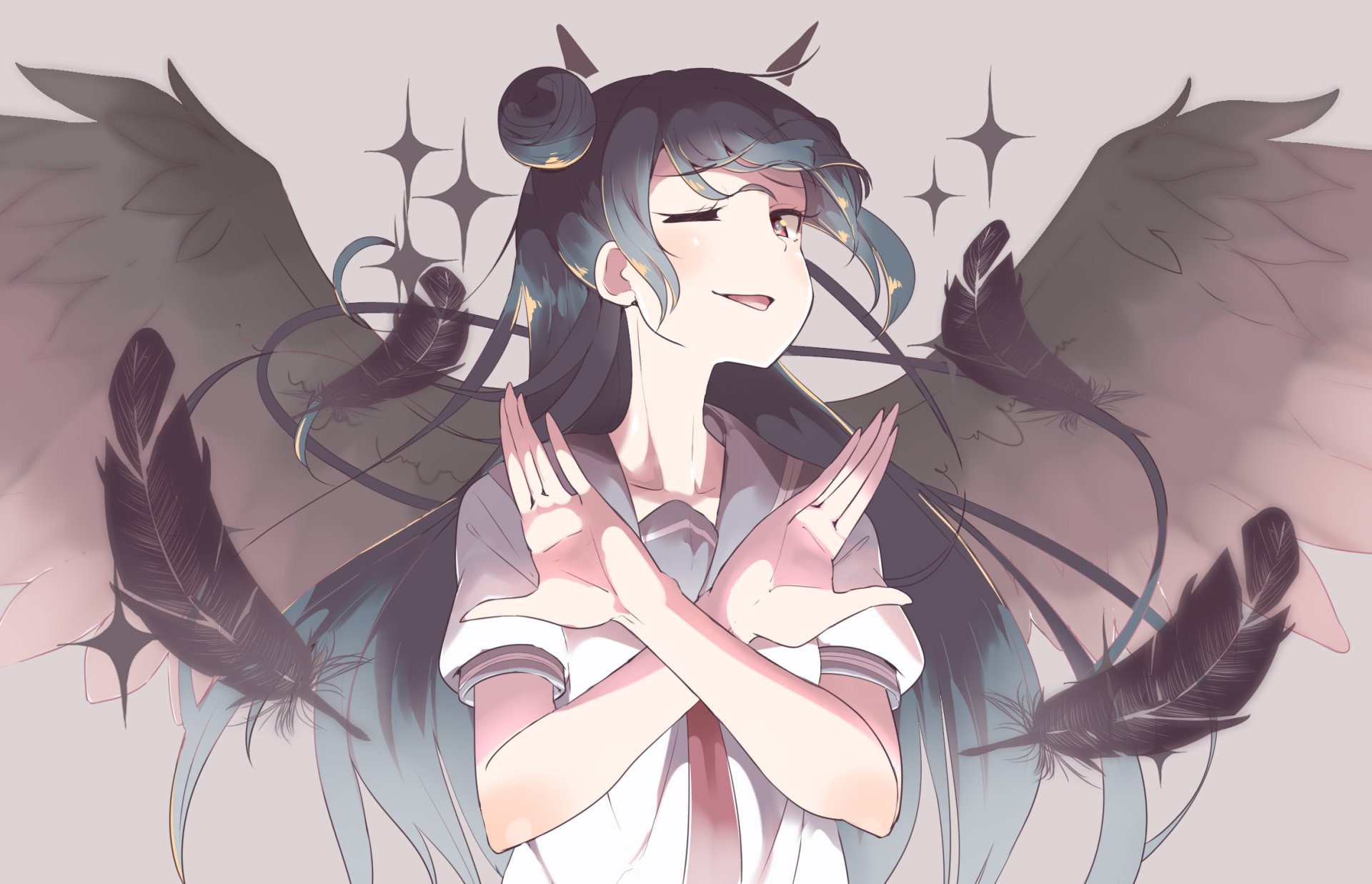 HD anime desktop wallpaper featuring Yoshiko Tsushima from Love Live! Sunshine!! with dark wings and a serene expression against a muted background.