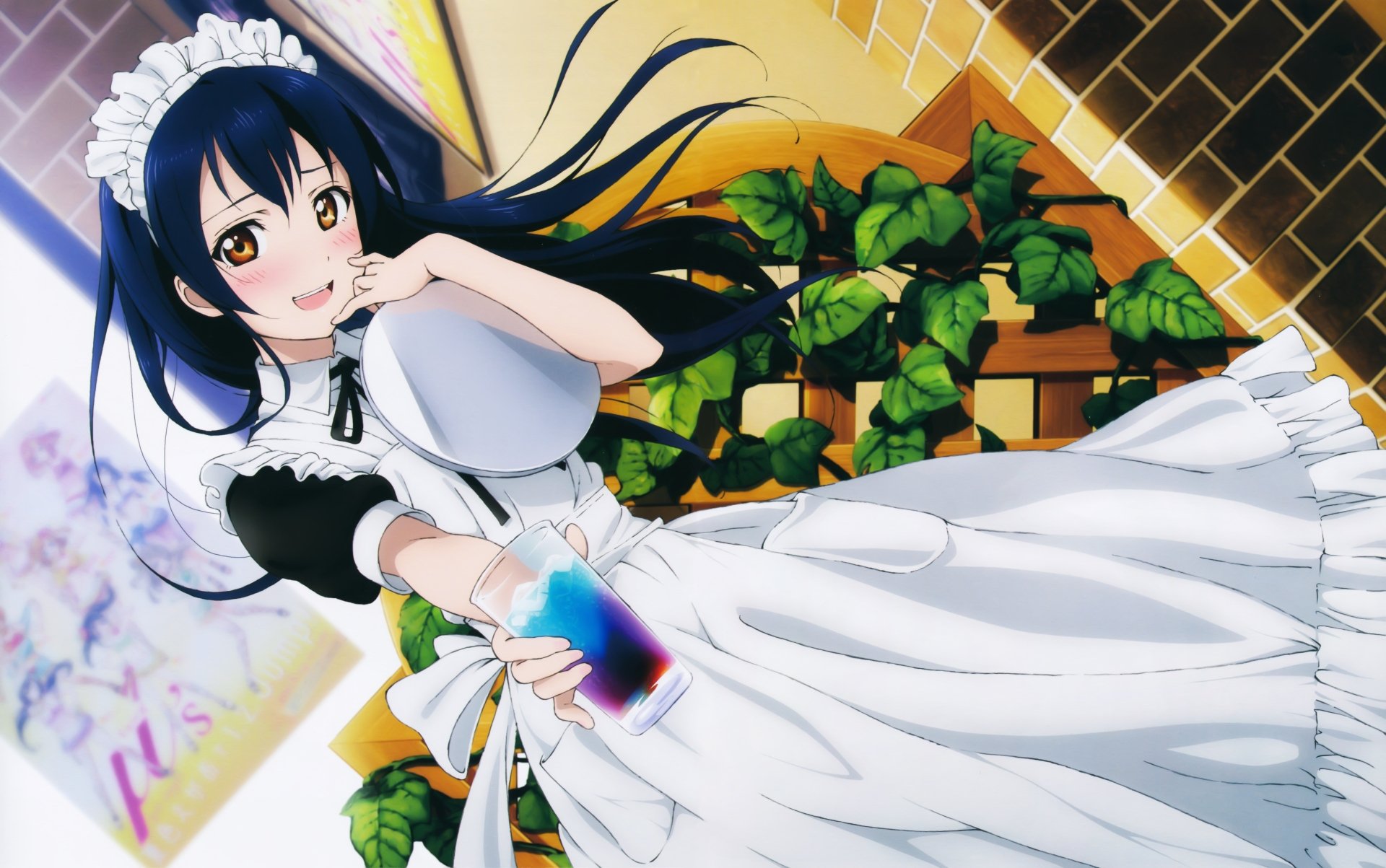 Umi Sonoda from Love Live! in a detailed maid outfit, extending a glowing object, set against a vibrant garden background in 8K Ultra HD.