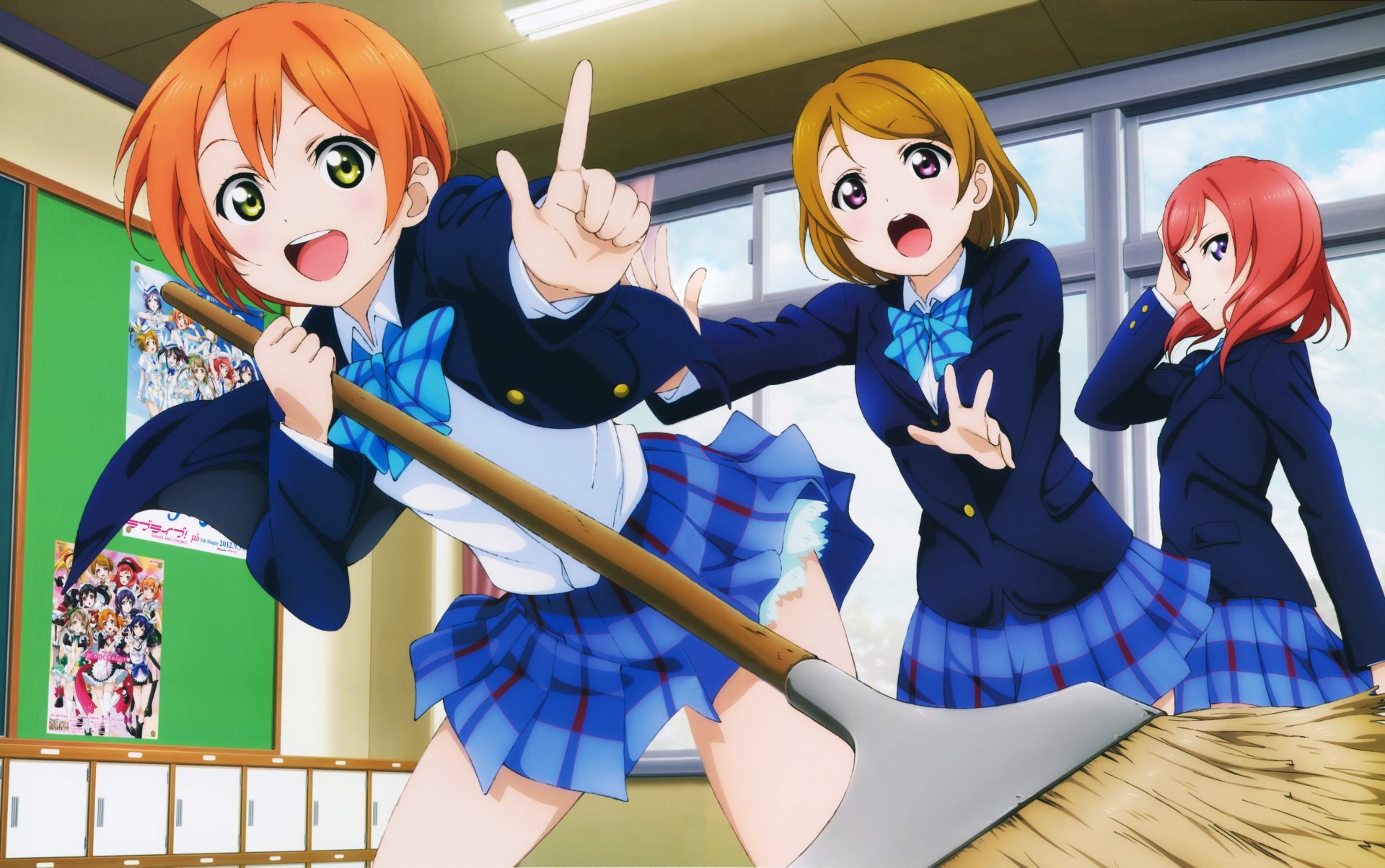 8K Ultra HD Anime wallpaper featuring three Love Live! characters in school uniforms energetically cleaning a classroom, capturing vibrant animation and dynamic poses.