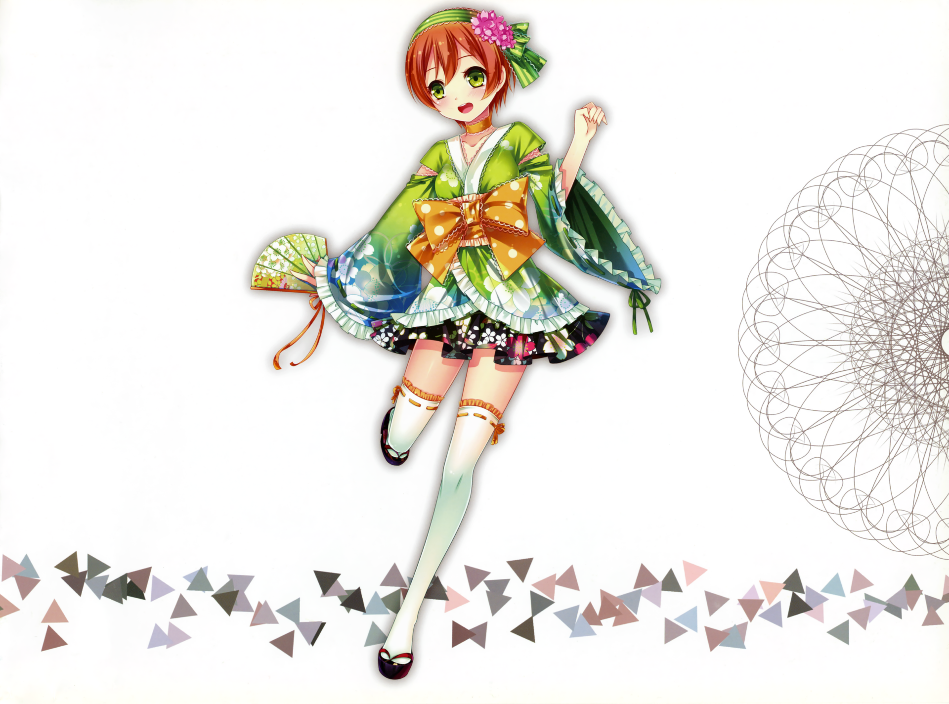 HD PC desktop wallpaper featuring Rin Hoshizora from the anime Love Live! in a colorful, detailed outfit holding a fan with geometric accents on a white background.