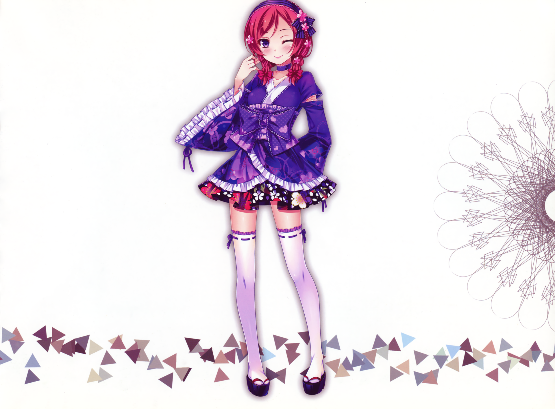 HD PC desktop wallpaper featuring Maki Nishikino from the anime Love Live!, showcasing her in a detailed purple outfit with artistic geometric and floral accents.