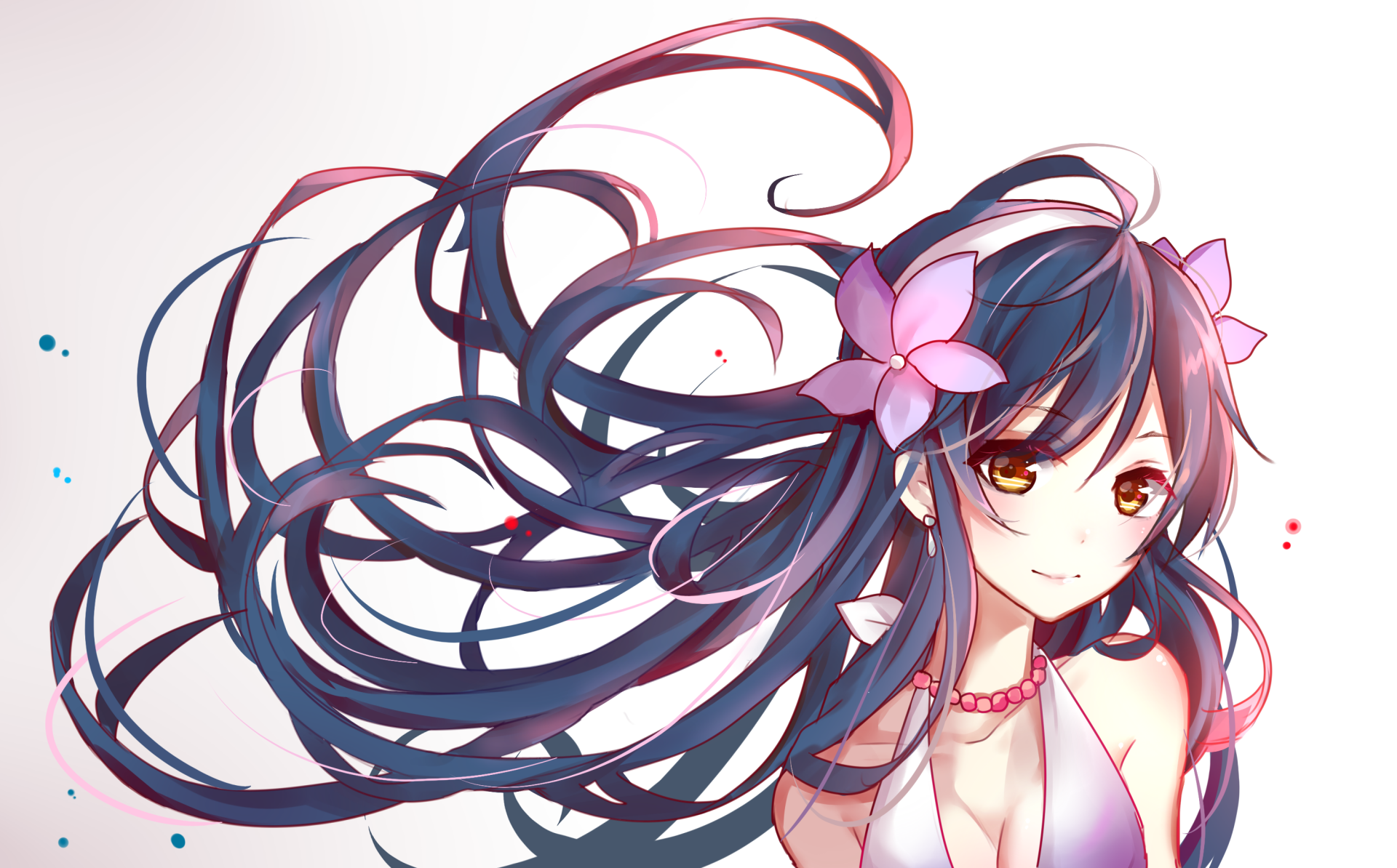 HD PC desktop wallpaper featuring Umi Sonoda from the anime Love Live!, showcasing her with flowing dark hair adorned with pink flowers against a light background.