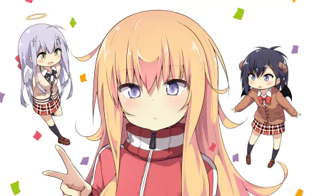 A vibrant HD wallpaper featuring Raphiel Shiraha Ainsworth, Vignette Tsukinose April, and Gabriel Tenma White from the anime Gabriel DropOut, showcasing the characters against a confetti-filled background.