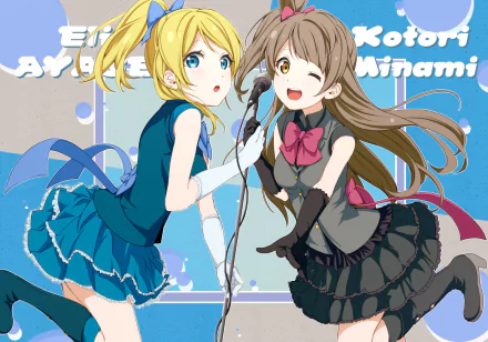 Kotori Minami and Eri Ayase from Love Live! — anime HD PC desktop wallpaper showing the two idols sharing a microphone in a cheerful pose against a pastel backdrop.