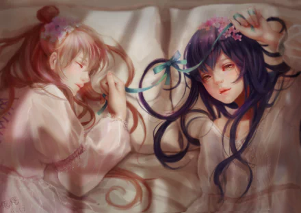 HD anime desktop wallpaper featuring Kotori Minami and Umi Sonoda from Love Live!, depicted lying down with serene expressions and soft lighting.