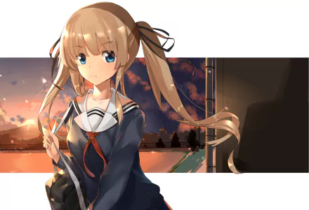 HD PC desktop wallpaper featuring Eriri Spencer Sawamura from the anime Saekano: How to Raise a Boring Girlfriend, with a sunset background and school uniform.