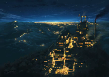 Anime-style HD night scene of a glowing industrial cityscape under a starry sky, designed as an original PC desktop wallpaper and background.