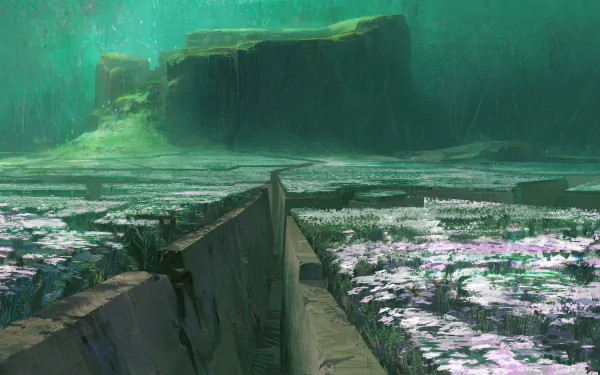 HD underwater-themed wallpaper of a scene from the video game Destiny, featuring a mystical, submerged landscape with stone pathways and vibrant plant life.