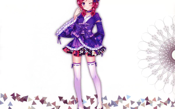 HD PC desktop wallpaper featuring Maki Nishikino from the anime Love Live!, showcasing her in a detailed purple outfit with artistic geometric and floral accents.