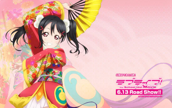 HD desktop wallpaper featuring Nico Yazawa from the anime Love Live!, showcasing her in a vibrant outfit with a fan and colorful background.