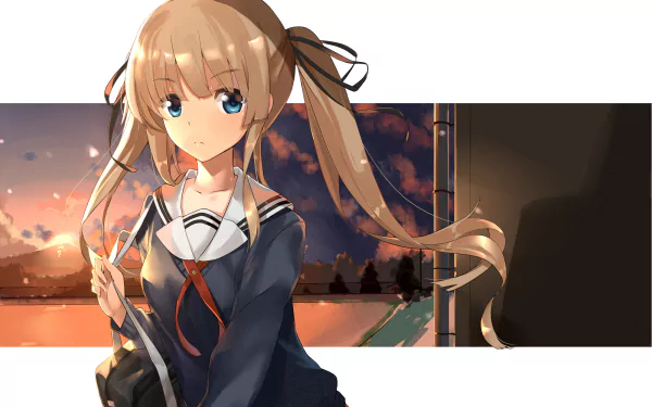 HD PC desktop wallpaper featuring Eriri Spencer Sawamura from the anime Saekano: How to Raise a Boring Girlfriend, with a sunset background and school uniform.